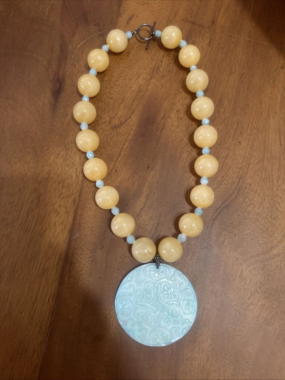 Yellow Large Genuine Stone Bead Necklace With Blue Stones And Pendant